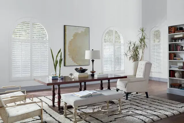 Hunter Douglas NewStyle hybrid shutters in living room, Boston MA, Simply Windows