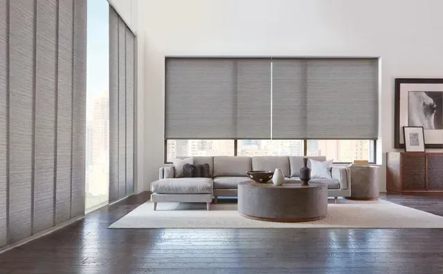 Living room with gray blinds and large windows, a gray sofa, and a round coffee table on a rug.