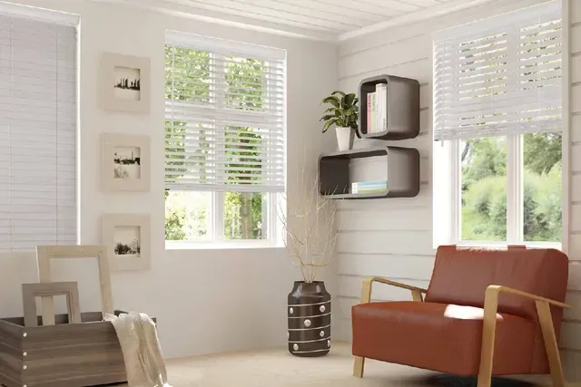 Cozy room with white walls, windows with blinds, a leather chair, and decorative shelves.