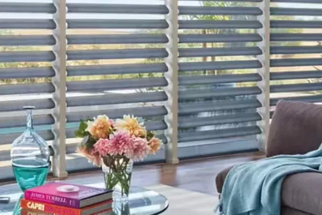Living room with grey blinds, flowers, books, and couch with blue blanket.
