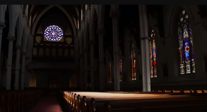the inside of a church with stained glass windows and rows of pews Simply Windows.