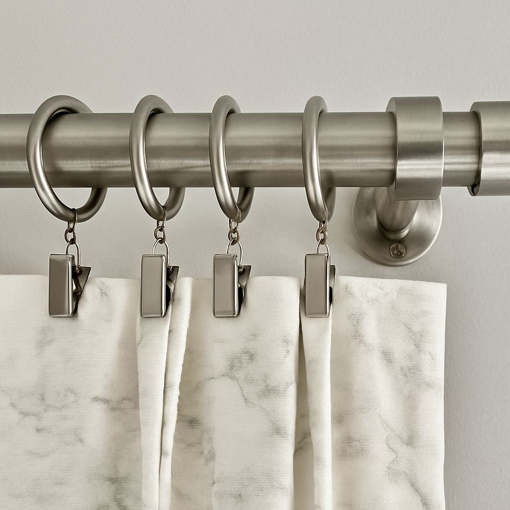 Metal curtain rod with silver rings and clips holding light gray curtains against a wall