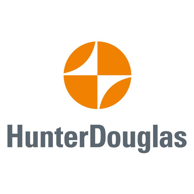 Hunter Douglas logo: Orange circle with a stylized cross; dark gray text below.