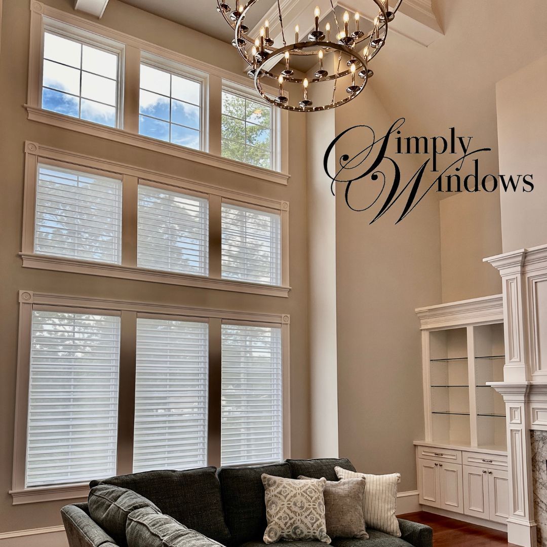 Bright living room with large windows, white roman shades, dark sofa, chandelier, and built-in shelving