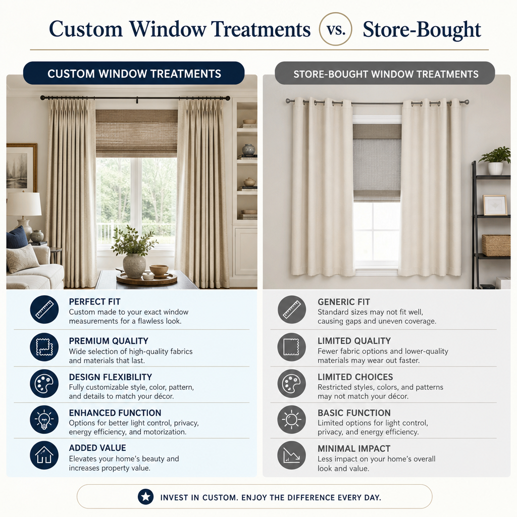 Infographic comparing custom window treatments and store-bought curtains in a bright living room setting.