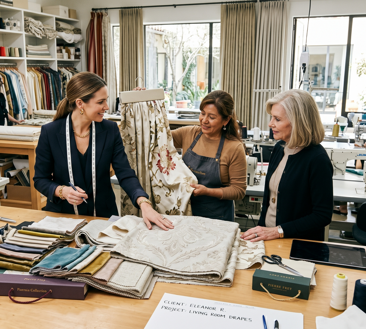 Three people in a designer fabric workshop review patterned textiles at a worktable.