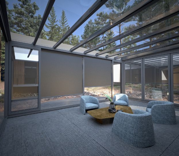 A patio shows how exterior patio shades give light control and privacy.