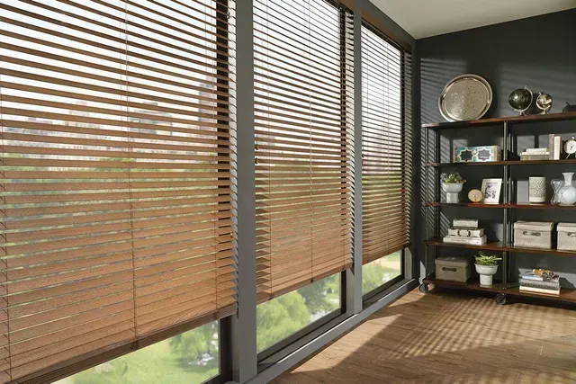 Wooden blinds cover large windows in a room with a bookshelf.