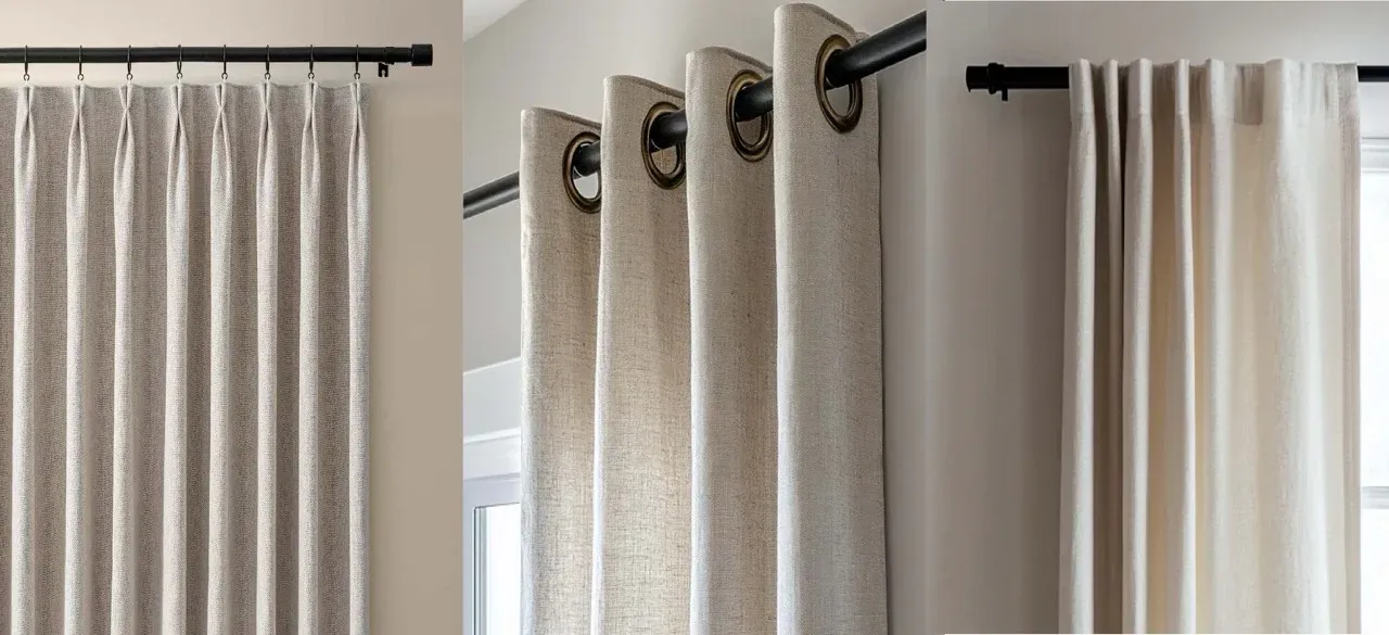 Beige curtains on black rods in three window views, showing different hang styles and textures.