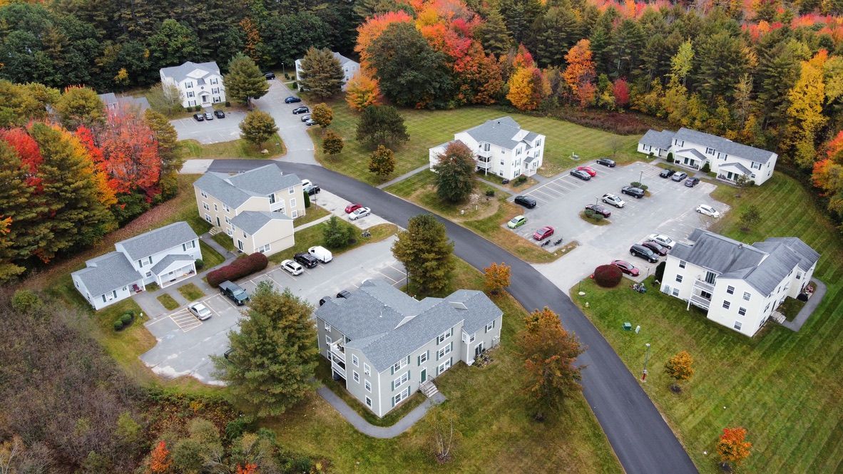 an aerial view of a residential area with houses and trees in the background .