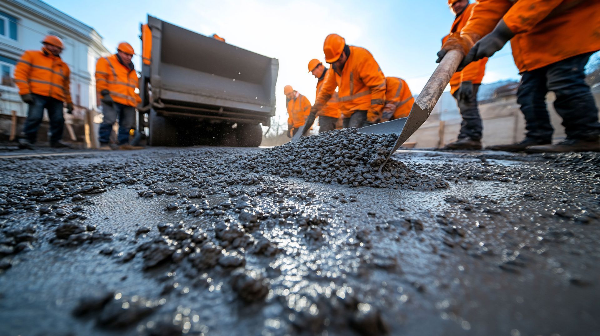A group of building contractors pour and level a layer of cement on a project. A group of building contractors pour and level a layer of cement on a project.