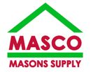 Logo for Masco Masons Supply, with a green house-shaped icon above red text and the words 