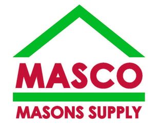 Logo for Masco Masons Supply, with a green house-shaped icon above red text and the words 