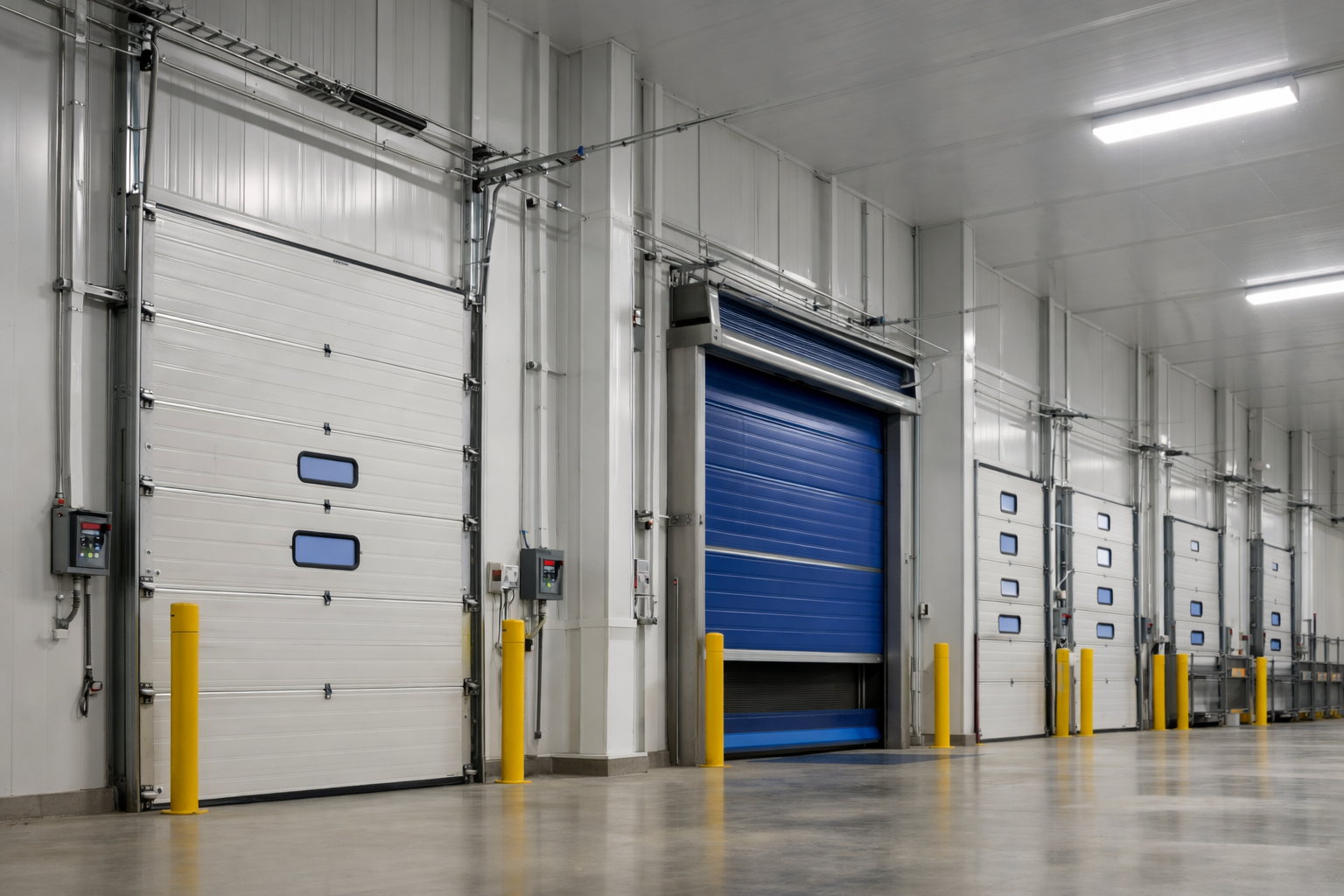 Industrial warehouse interior with blue loading dock doors and yellow safety bollards