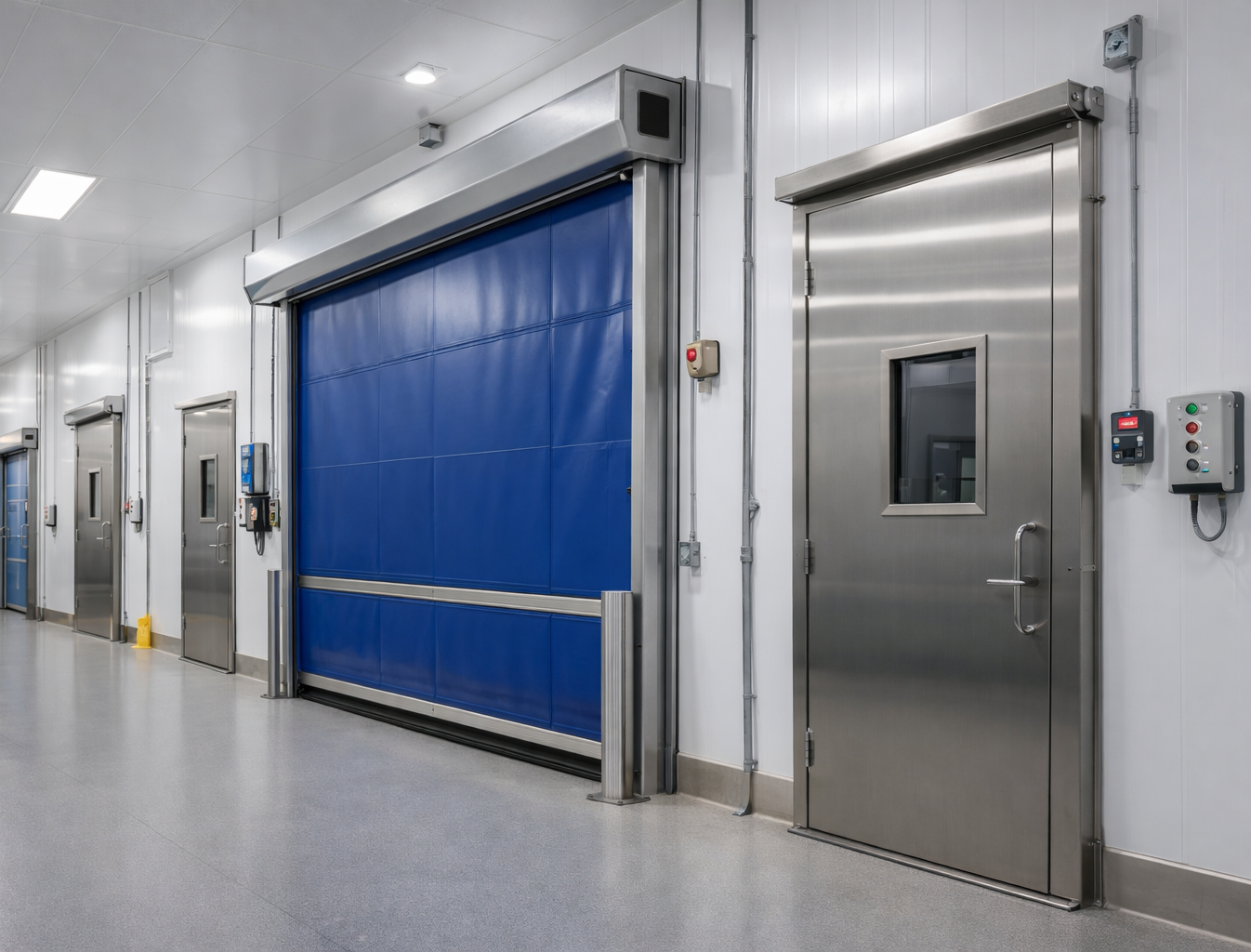 Clean industrial hallway with a blue roll-up door and a metal access door in a sterile facility