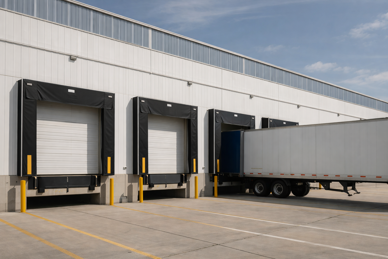 Warehouse loading docks with three bays and a semi-trailer backed to one dock