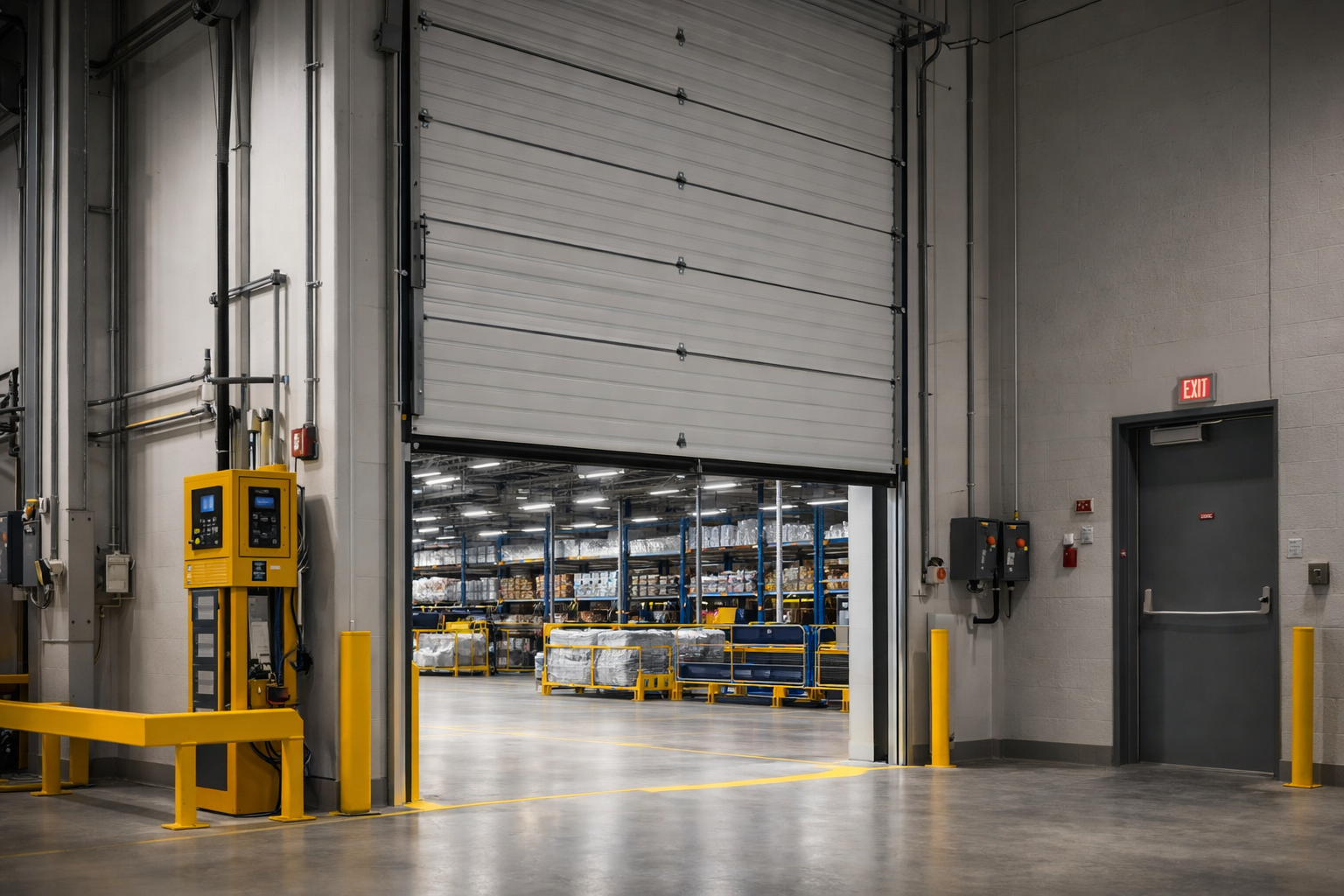 Warehouse loading dock with partially open rolling door and yellow forklift near a gray wall
