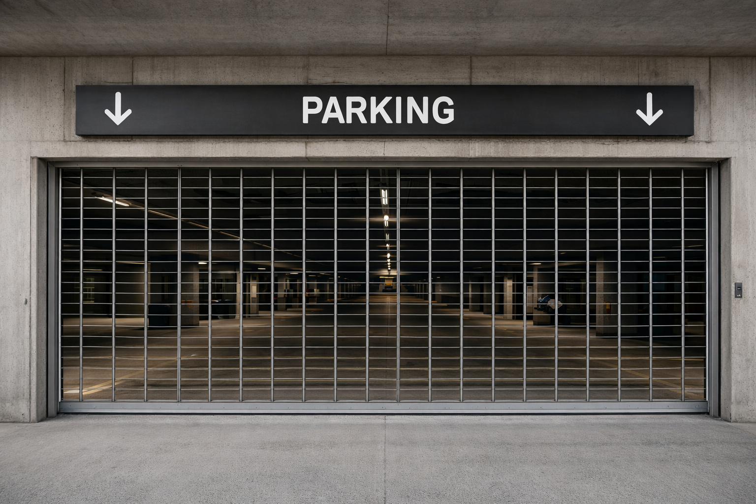 Closed parking garage entrance with a metal security gate and overhead PARKING sign