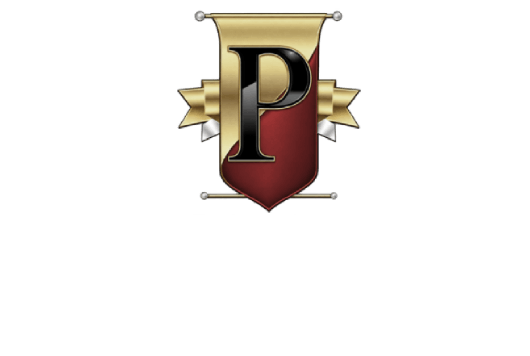 Gold and red shield emblem with a black letter P at the center
