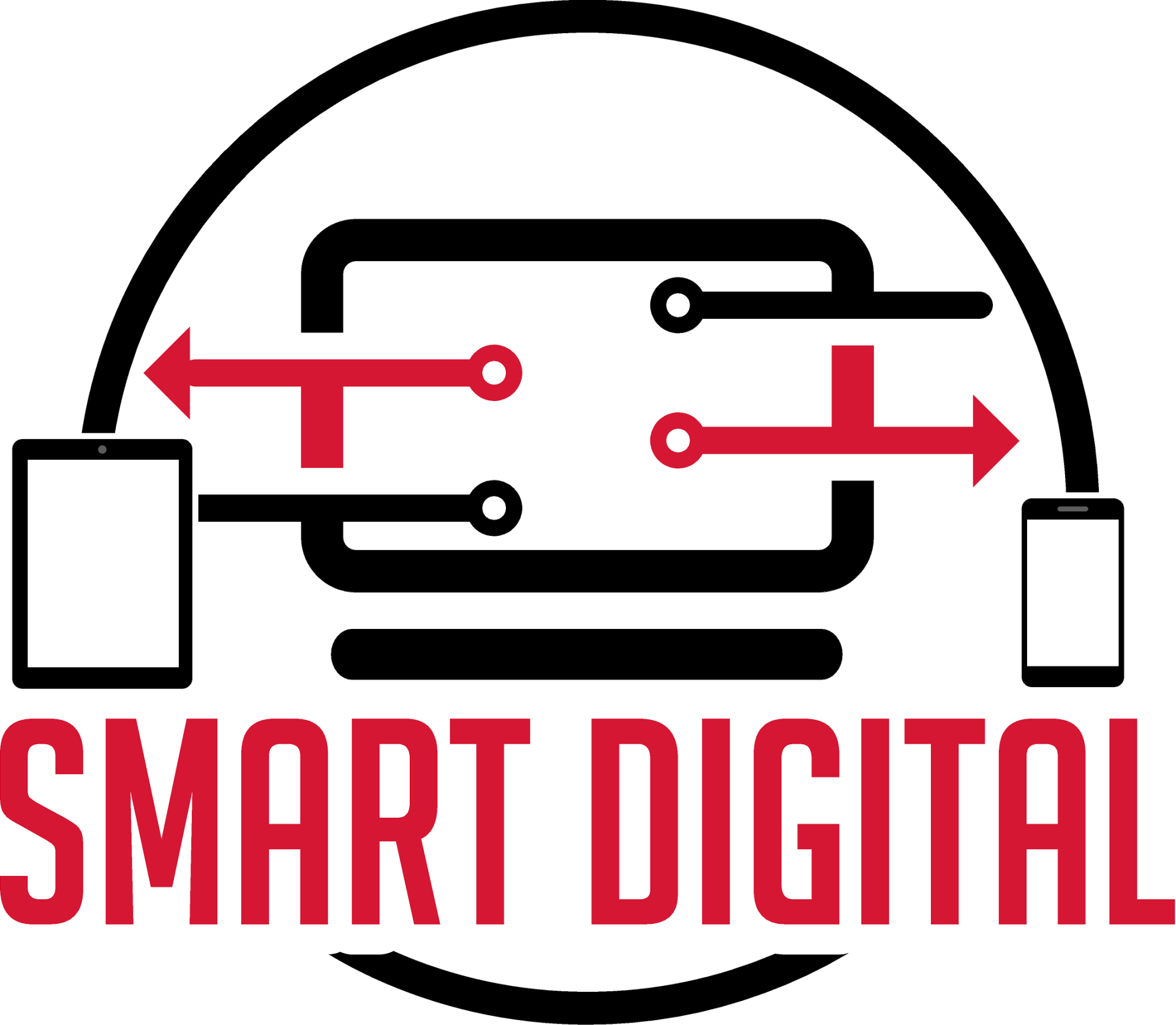 Smart Digital logo with circuit lines linking two smartphones in black, red, and white