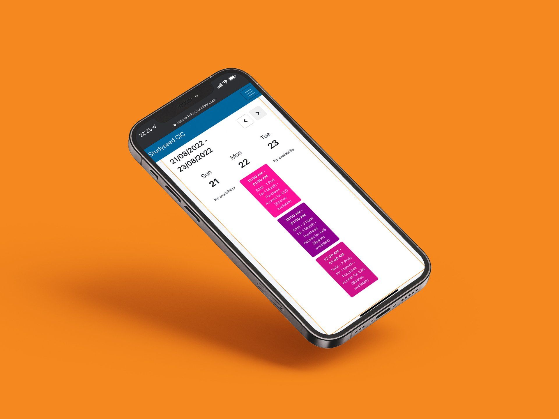 Smartphone screen displaying a schedule with pink and purple blocks on an orange background.