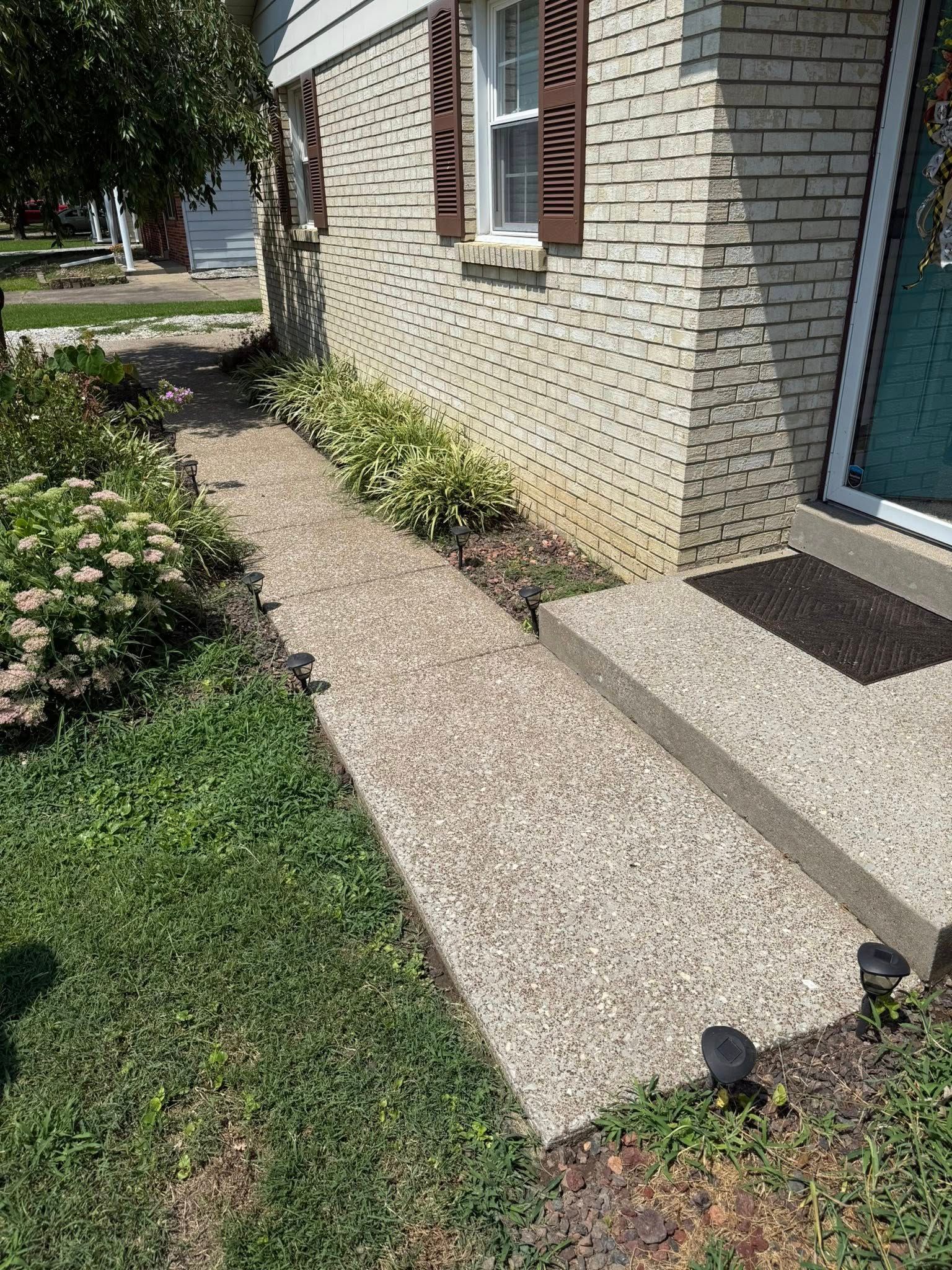 Concrete walkway and steps leading to a house entrance. Green grass and landscaping on either side.
