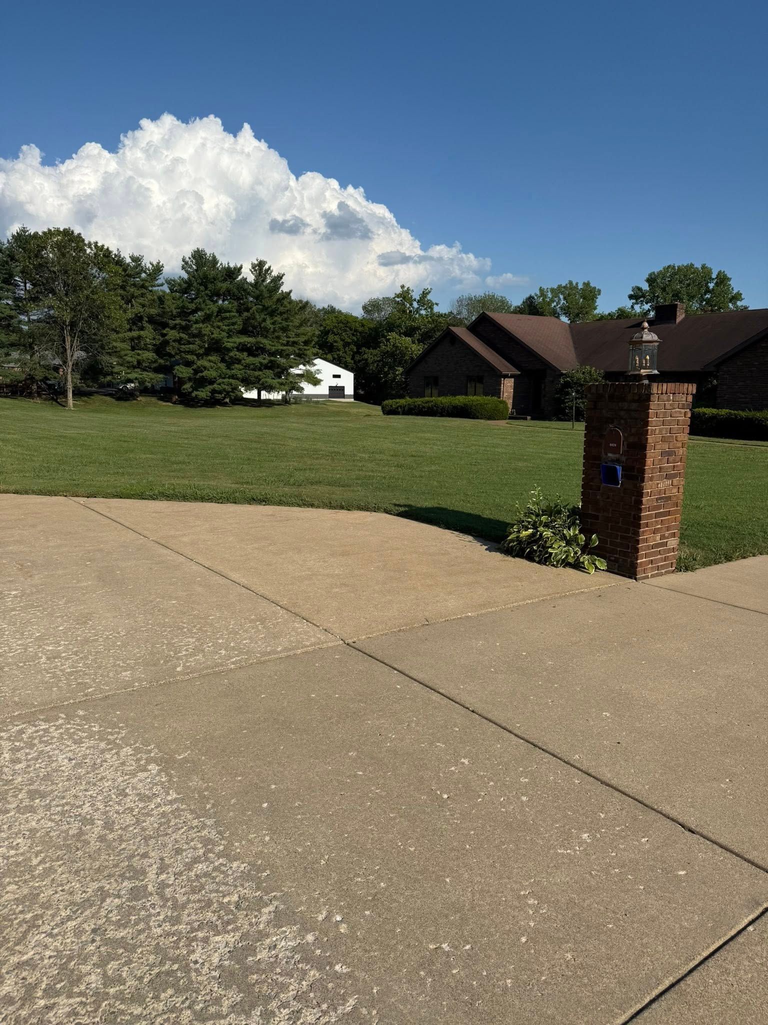 Grassy yard with houses and a mailbox on a sunny day with large, puffy clouds in the sky.
