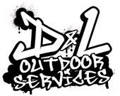 Black and white logo: "D&L Outdoor Services" in graffiti style with spray paint effect.