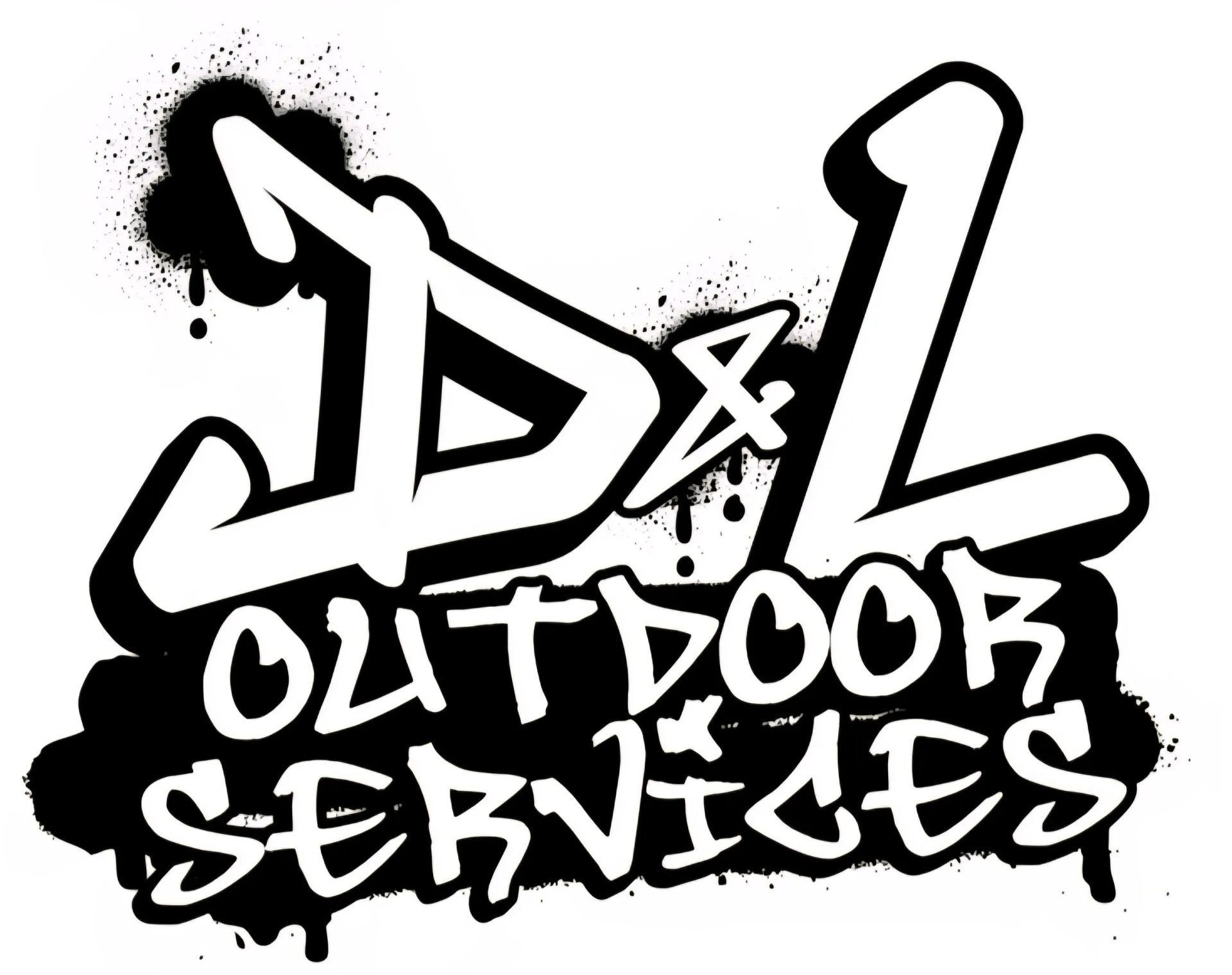 Black and white logo: "D&L Outdoor Services" in graffiti style with spray paint effect.