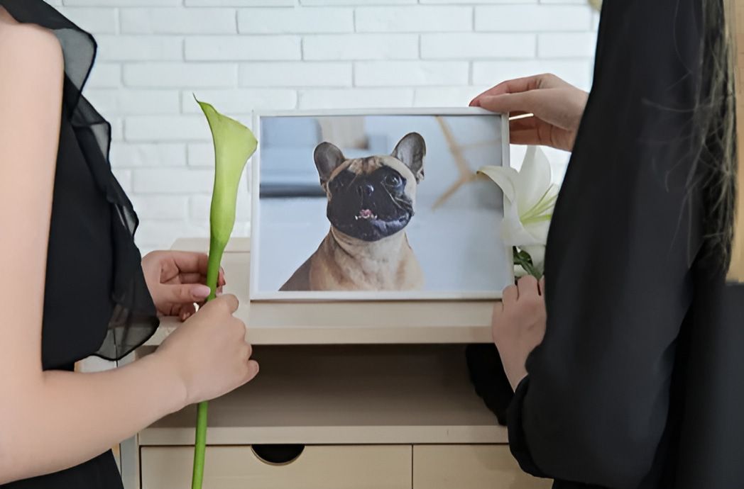 Two Women Are Holding Flowers and Looking at a Picture of a Dog — Pets Forever Cremations In North Lakes, QLD