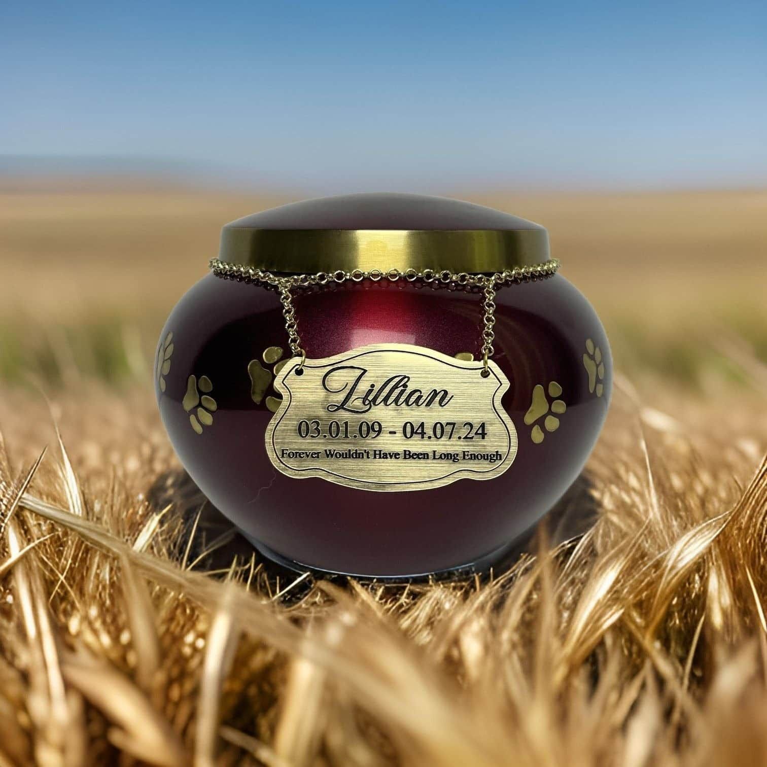 A Urn for a Dog Named Lilian is Sitting in a Field of Wheat — Pets Forever Cremations In North Lakes, QLD