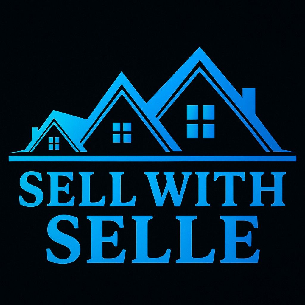 A blue logo on a black background featuring three house silhouettes above the text "SELL WITH SELLE."