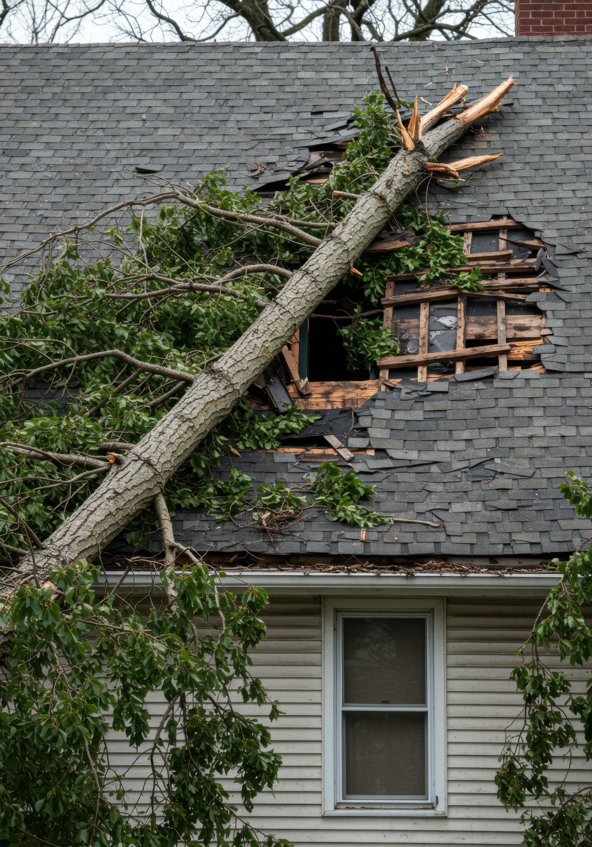 Fallen tree on a house roof, crushing shingles and exposing damaged attic window
