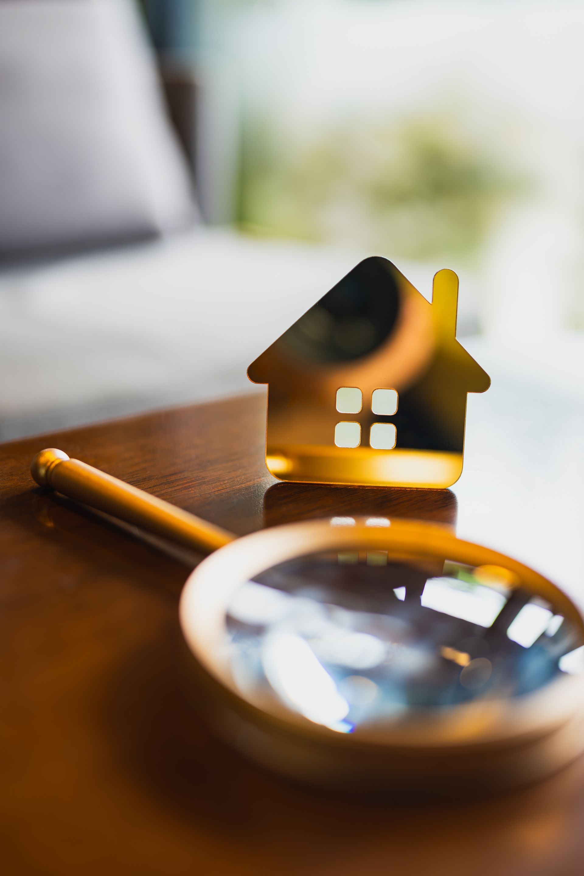 House-shaped model next to a magnifying glass on a wooden table, with a blurred background