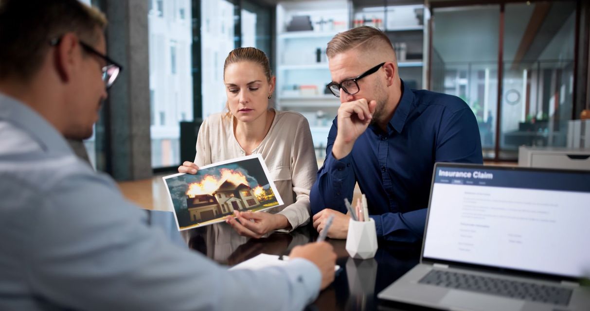 Office meeting with three colleagues reviewing a tablet and laptop around a conference table.
