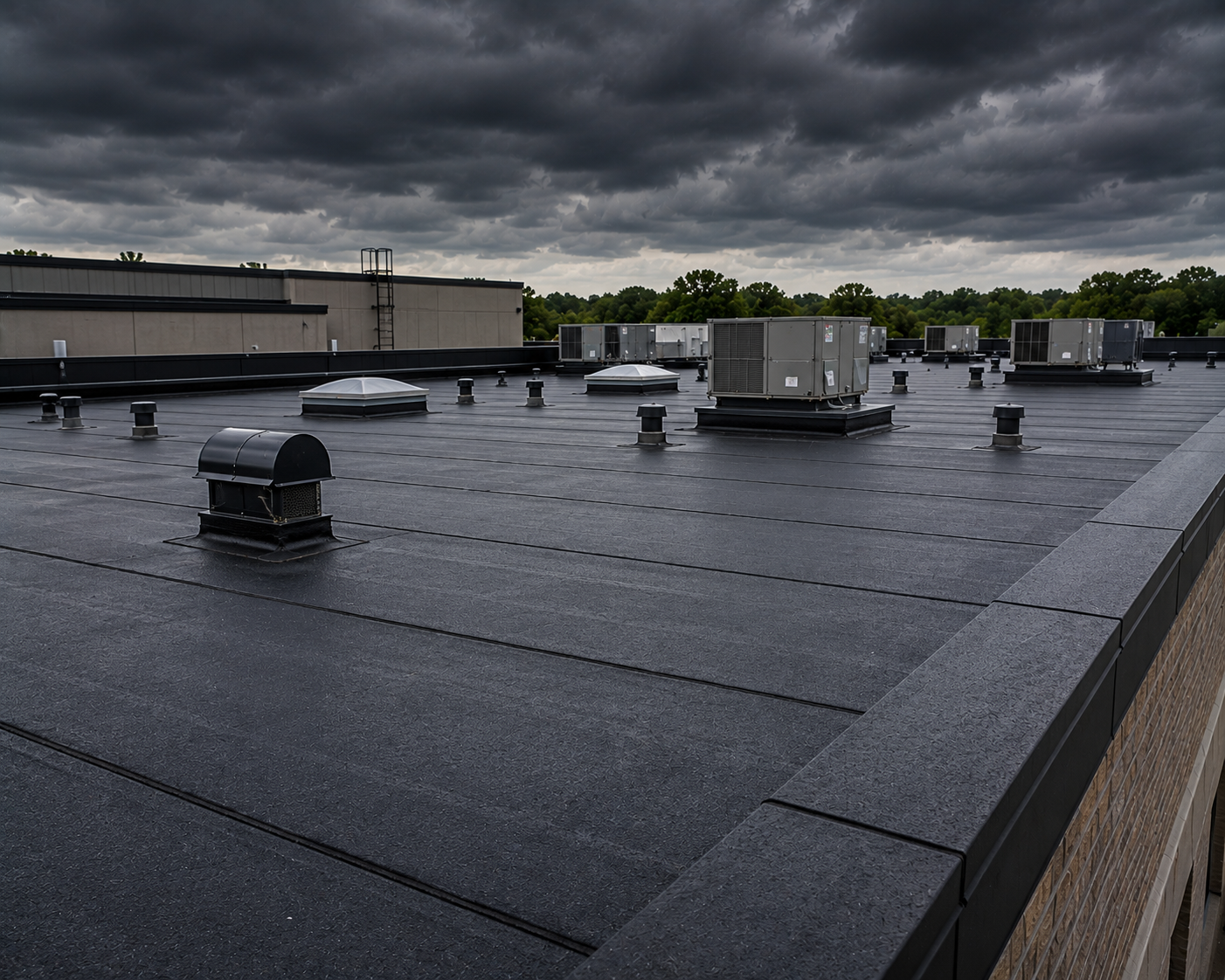 Flat rooftop with HVAC units under dark storm clouds