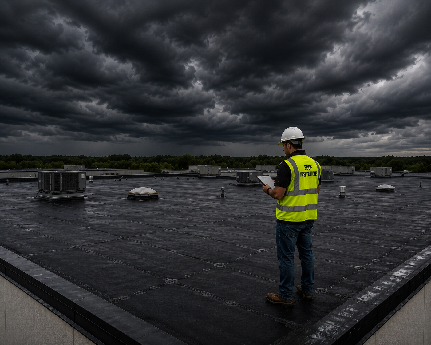 Worker in a hard hat and yellow vest standing on a rooftop under dark storm clouds.