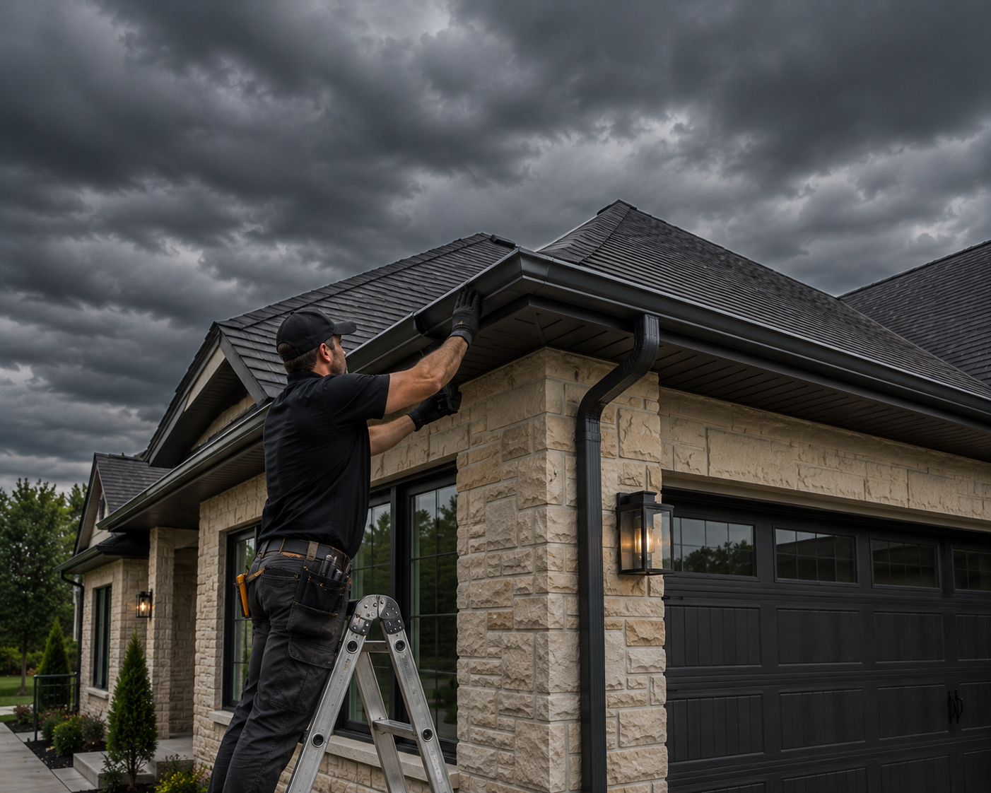 Worker on a ladder repairing the gutter of a stone house under dark storm clouds
