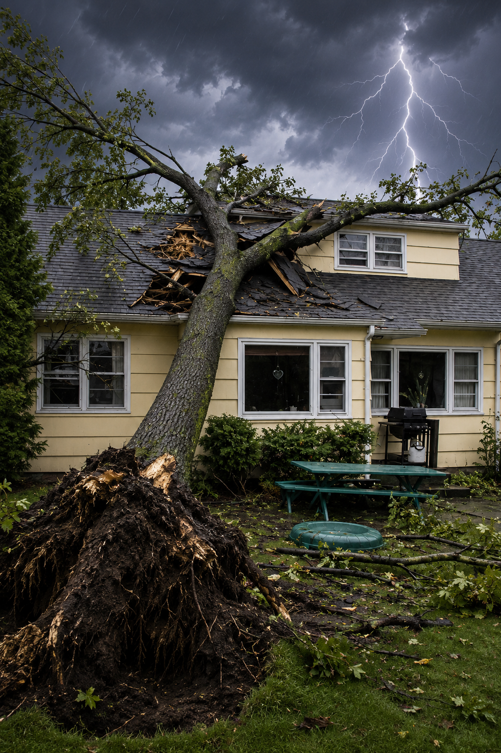 Storm-damaged house with uprooted tree in front and lightning in a dark sky
