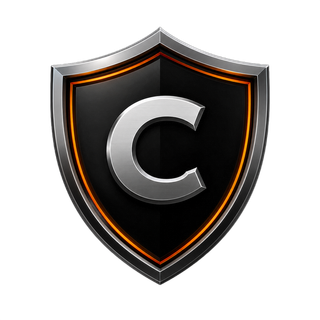 Black shield icon with a silver letter C and orange outline