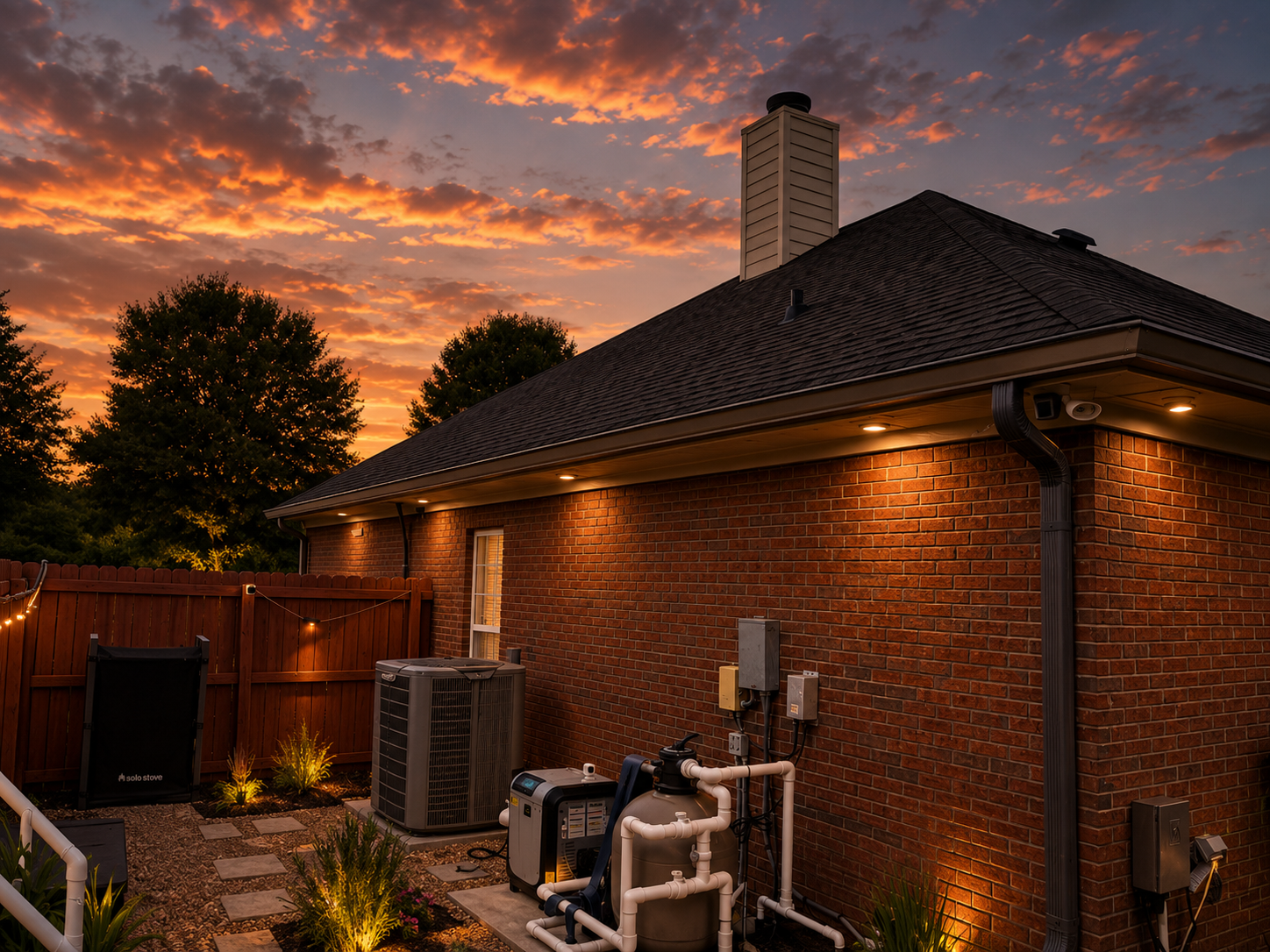Brick house patio with HVAC units at sunset, orange clouds glowing over the roofline
