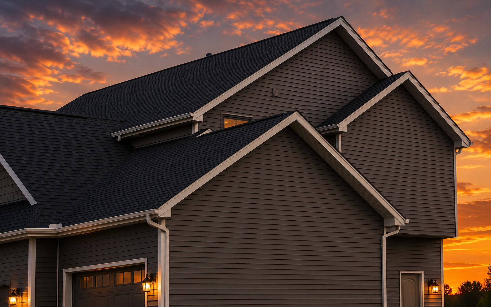 Suburban house with dark roof and siding at sunset, orange clouds glowing behind it