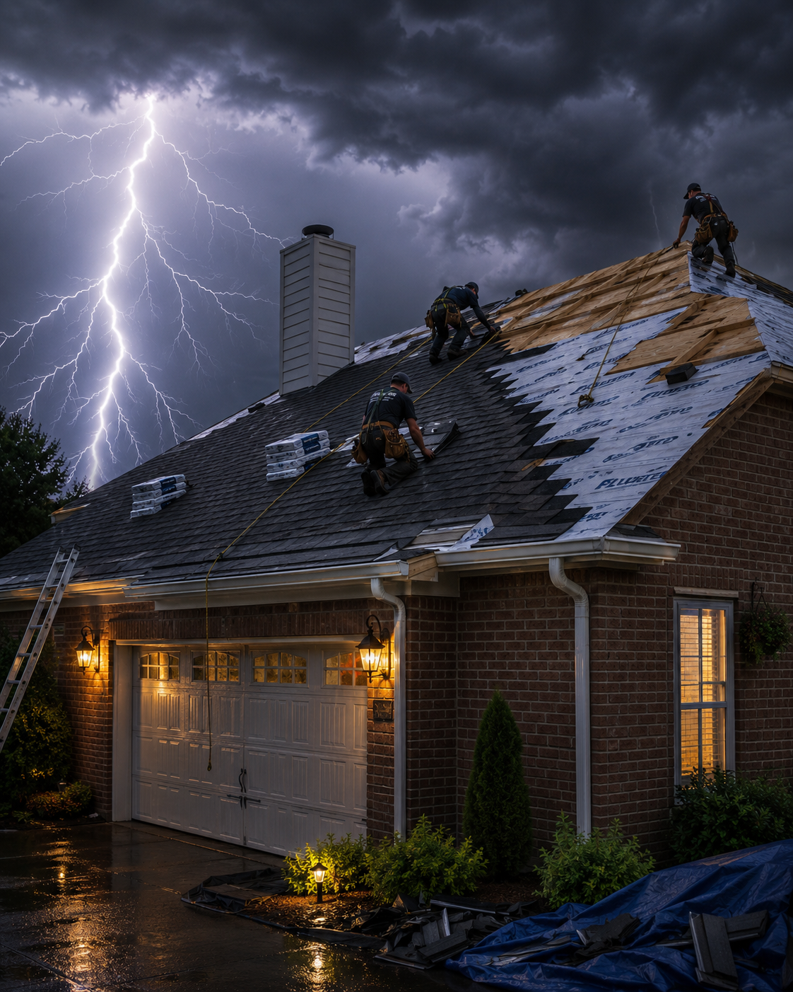 Lightning strikes above a damaged house roof as workers repair storm damage in heavy rain.