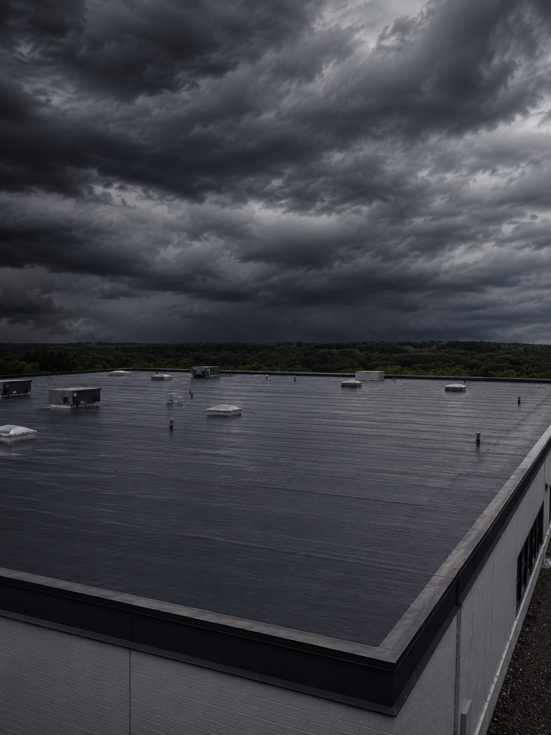 Dark storm clouds over a flat rooftop with several rooftop units near a distant treeline