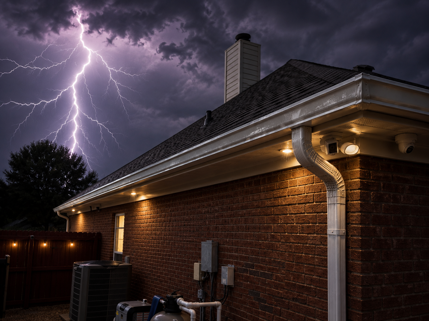 Lightning over a brick house at night, with storm clouds and a lit gutter line