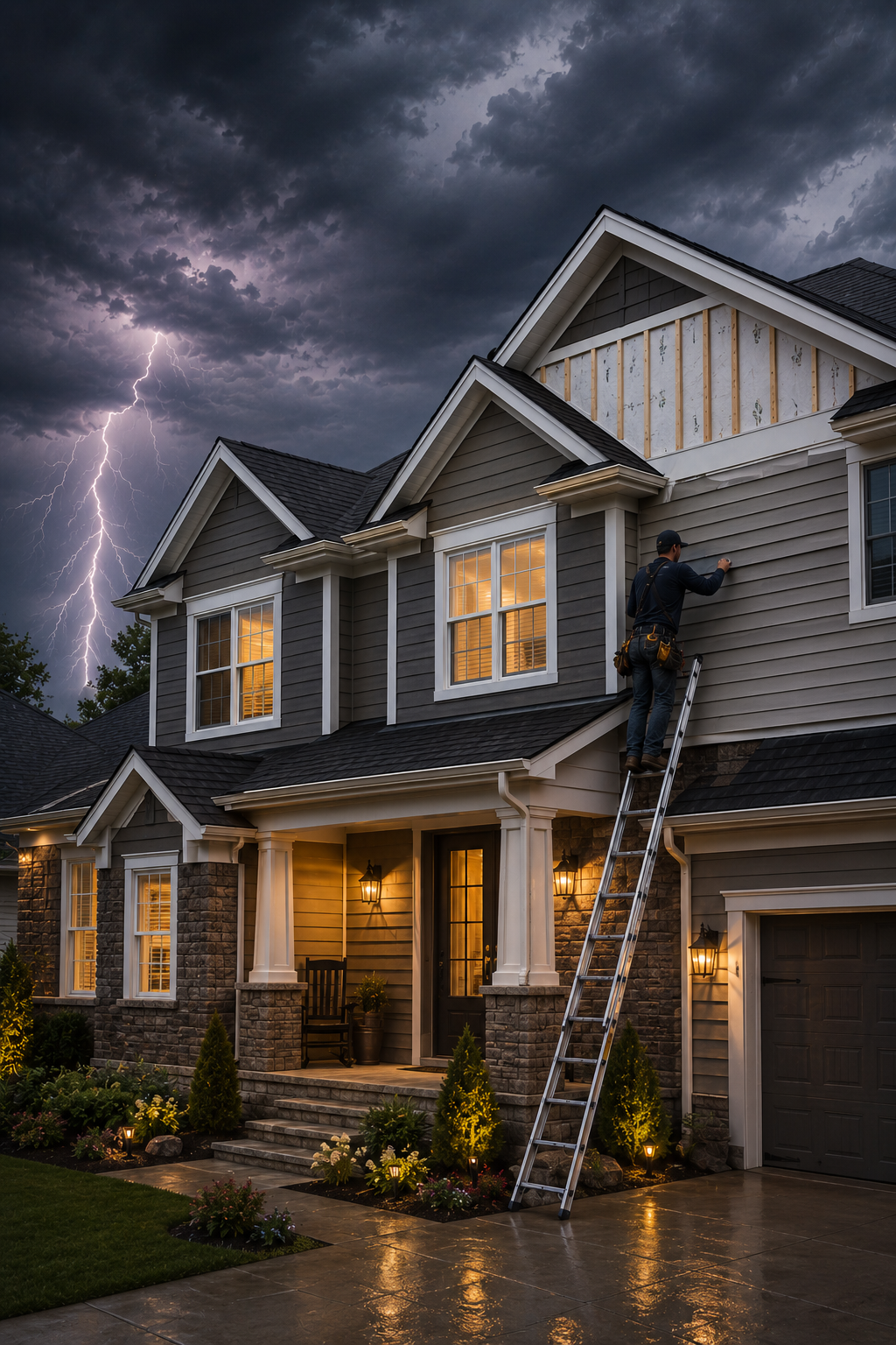 Stormy suburban house at dusk with lights on and a worker on a ladder beside a lightning strike.