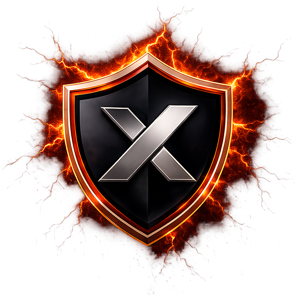 Black shield with metallic X, surrounded by fiery orange glow