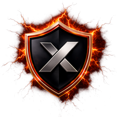 Black shield with metallic X, surrounded by fiery orange glow