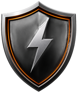 Black shield logo with an orange outline and silver lightning bolt icon