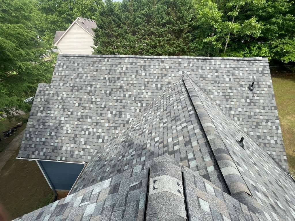 Gray shingled roof with a central ridge, seen above a wooded riverside area